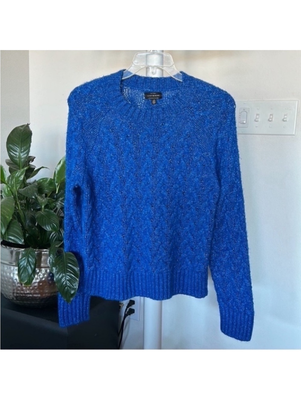Lucky Brand Cable Knit Crew Sweater Pullover Sz L Cobalt Blue Cotton Acrylic